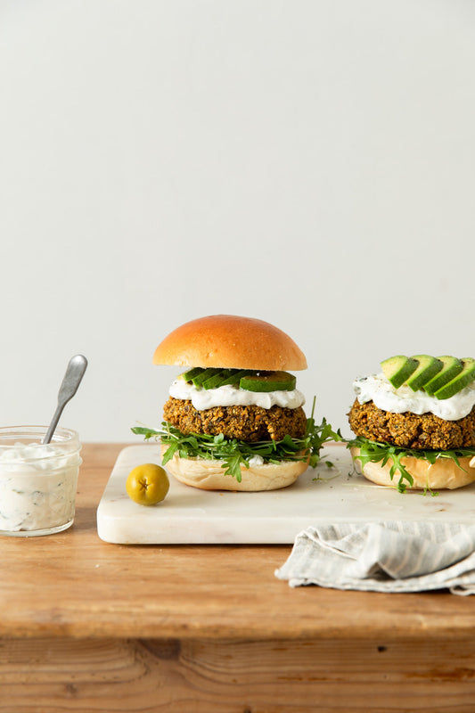 Lebanese Falafel Burger with Vegan Tzatziki & Avocado