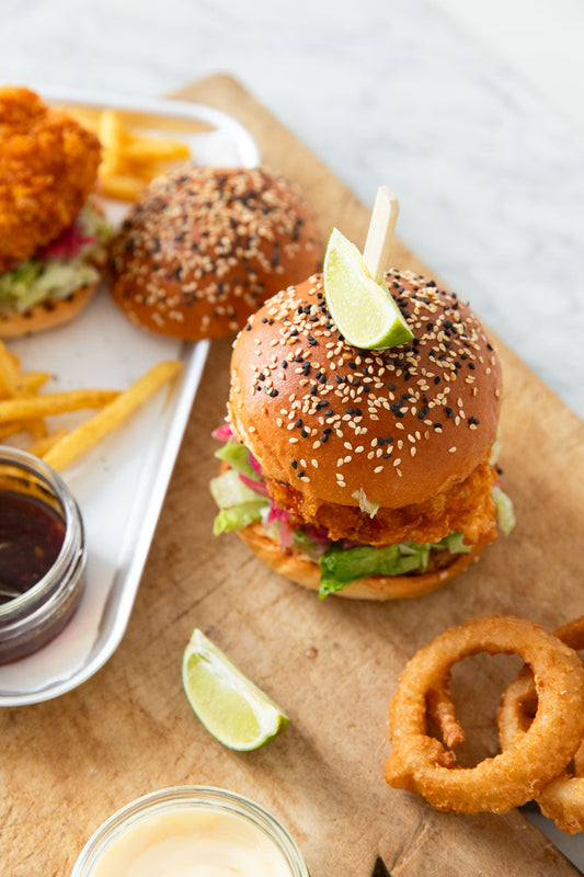 Cornflake Fried Chicken Burger with Sriracha Caramel