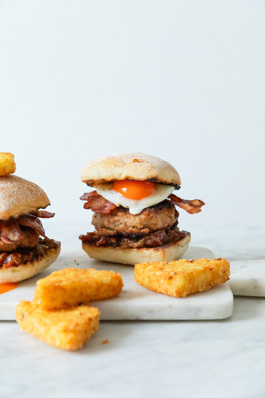 Ciabatta Breakfast Burger with Sausage, Bacon and Maple Jam